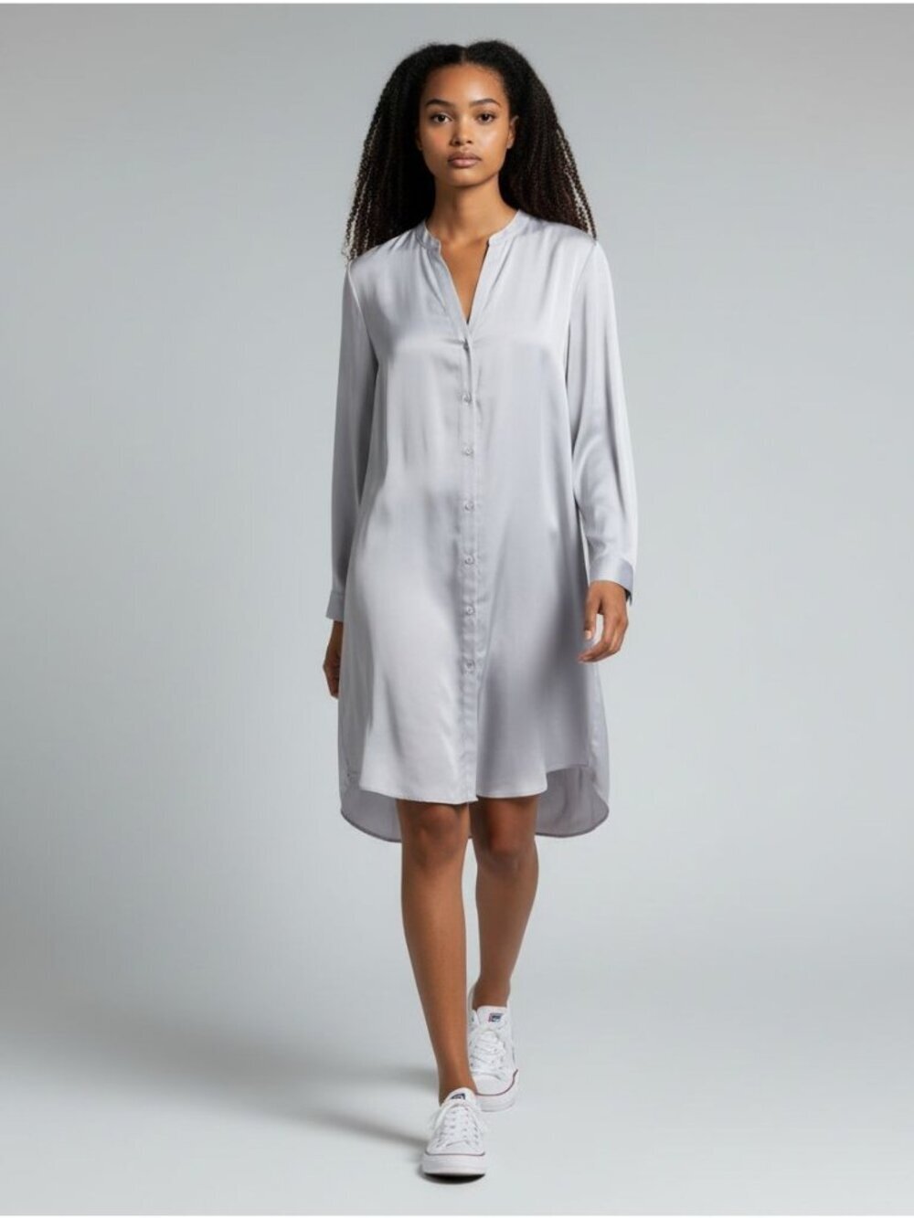 Eileen Fisher Womens Gray Button-Front Long-Sleeve High-Low Shirt Dress Size L/X
